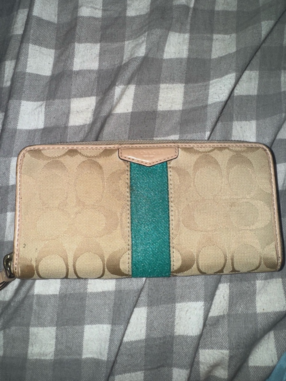 Coach Khaki Canvas Zip Wallet with Teal Center Stripe